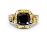 Yellow gold Fancy Black Cushion Cut Diamond Halo Ring with Split Shank and Bezel Accents and Prong Setting