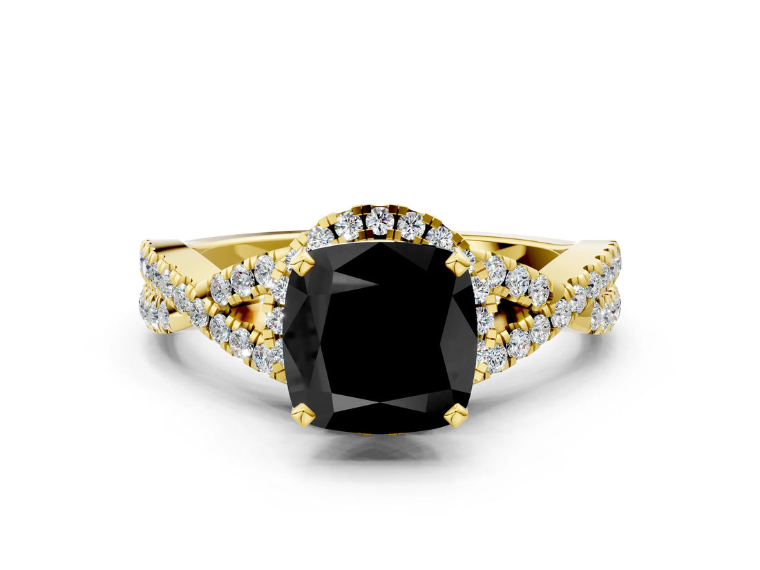 Yellow gold Fancy Black Cushion Cut Diamond Halo Twist Band Solitaire Prong Setting Ring