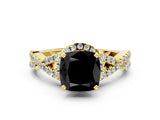 Yellow gold Fancy Black Cushion Cut Diamond Halo Twist Band Solitaire Prong Setting Ring
