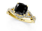 Yellow gold Fancy Black Cushion Cut Diamond Halo Twist Band Solitaire Prong Setting Ring_1