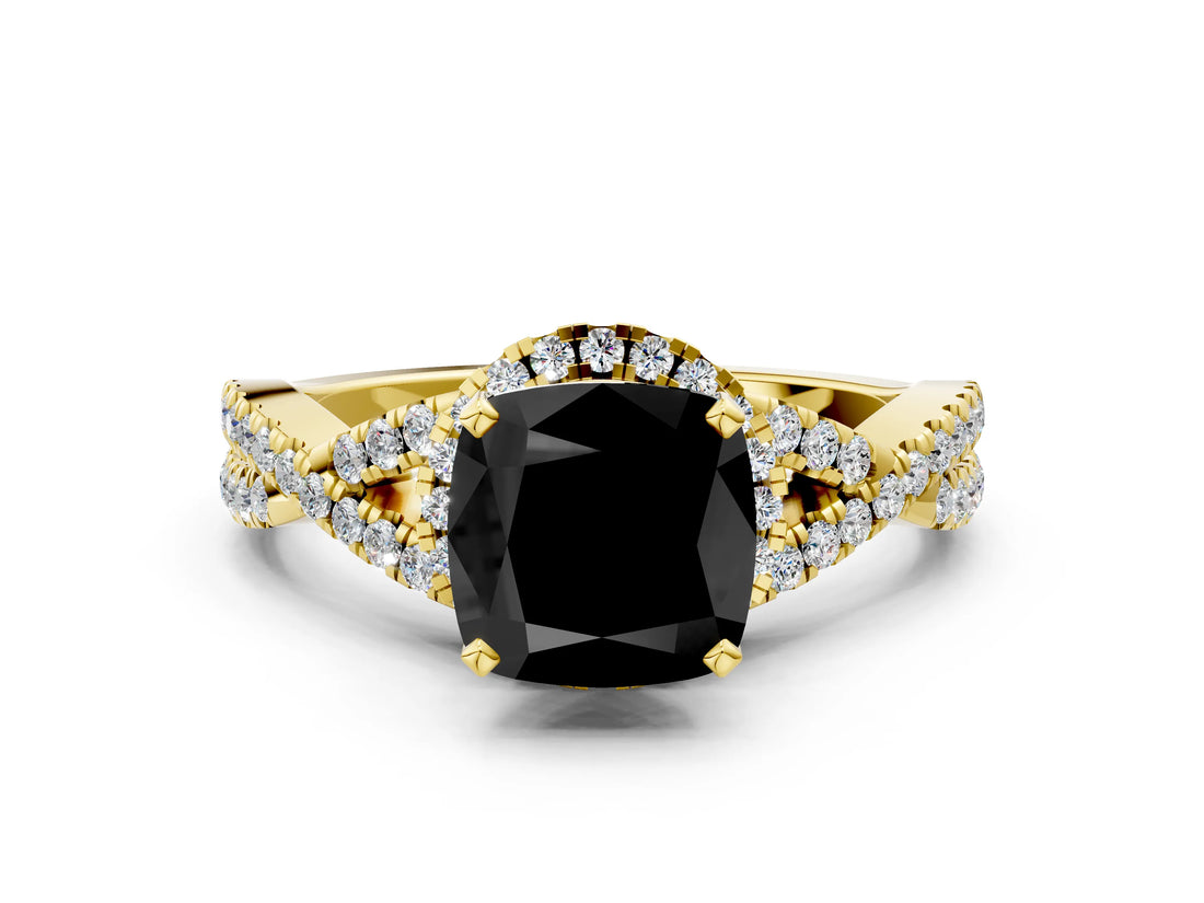 Yellow gold Fancy Black Cushion Cut Diamond  Halo Twist Band Solitaire Prong Setting Ring_36
