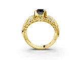 Yellow gold Fancy Black Cushion Cut Diamond Pave Art Deco Split Shank Ring with Four-Prong Setting_3