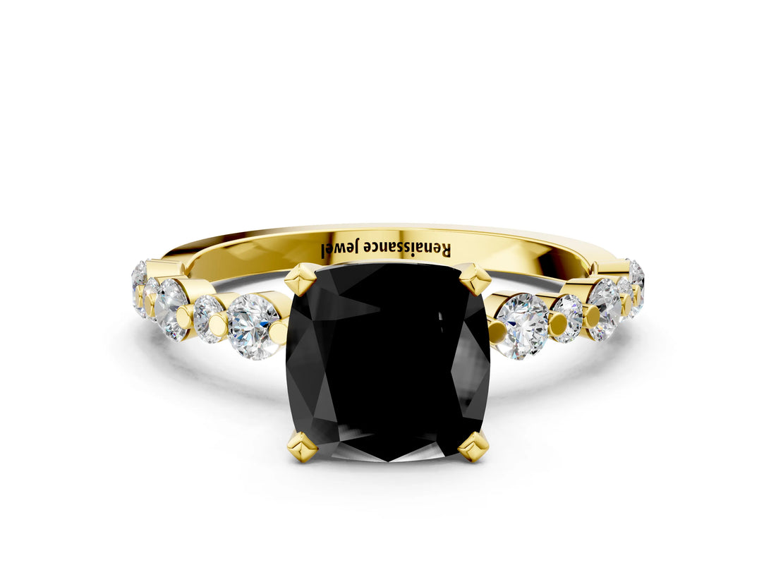 Yellow gold Fancy Black Cushion Cut Diamond Prong Set Engagement Ring with Pave Band