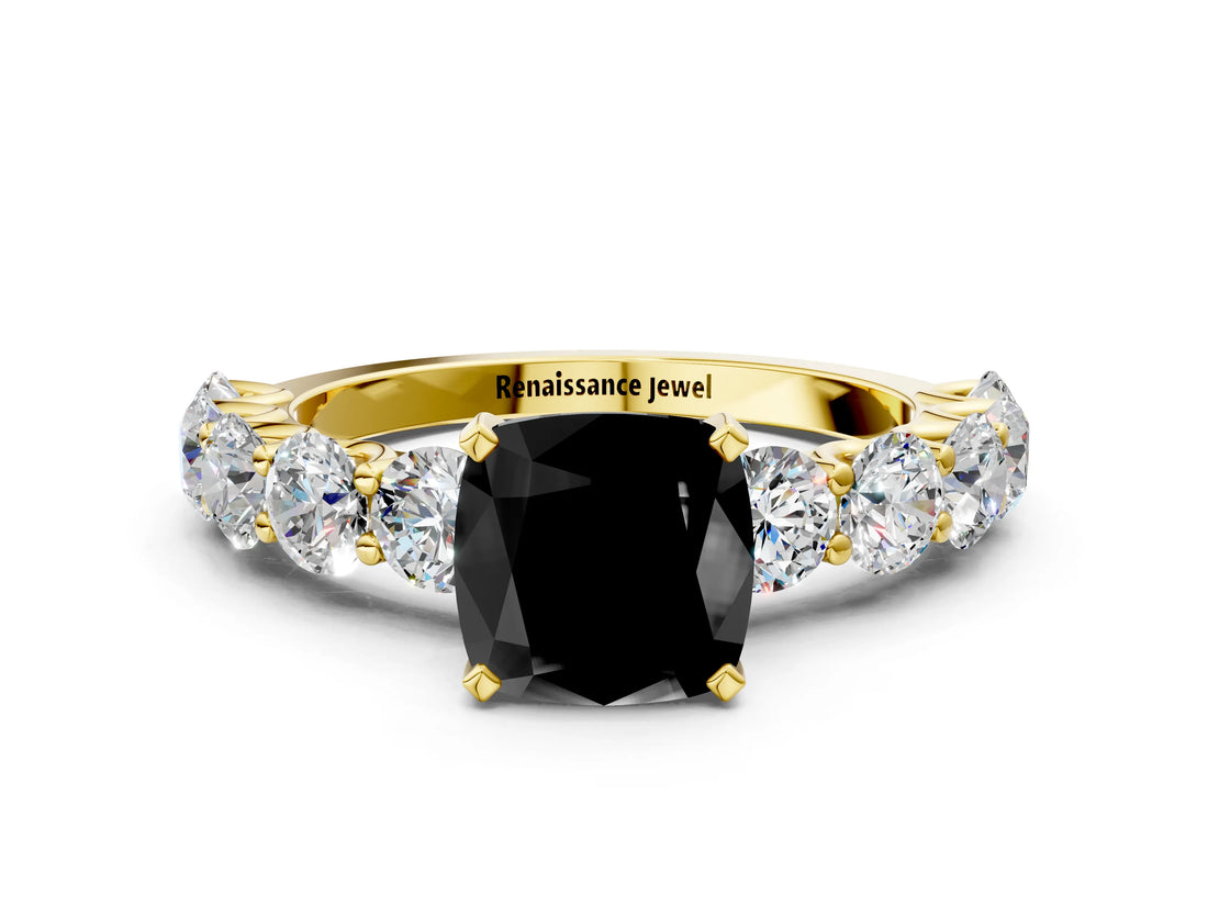 Yellow gold Fancy Black Cushion Cut Diamond Prong Setting with Side Stones on a Pave Band