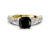 Yellow gold Fancy Black Cushion Cut Diamond Prong Setting with Side Stones on a Pave Band