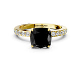 Yellow gold Fancy Black Cushion Cut Diamond Ring with Pavé Band and Four-Prong Setting