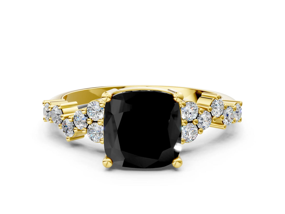 Yellow gold Fancy Black Cushion Cut Diamond Scattered Round Accent Ring with Prong Setting_12