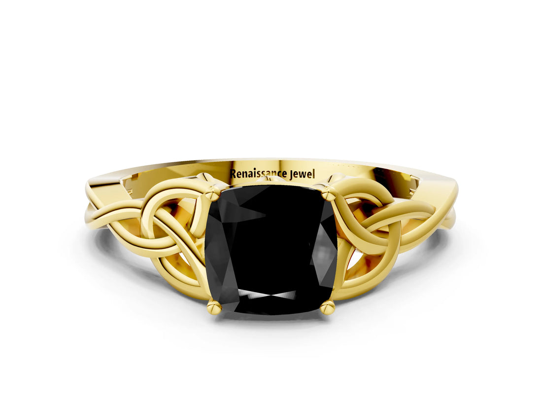 Yellow gold Fancy Black Cushion Cut Diamond Solitaire Engagement Ring with Celtic Knot Band and Four-Prong Setting