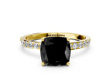 Yellow gold Fancy Black Cushion Cut Diamond Solitaire Engagement Ring with Pavé Band and Prong Setting