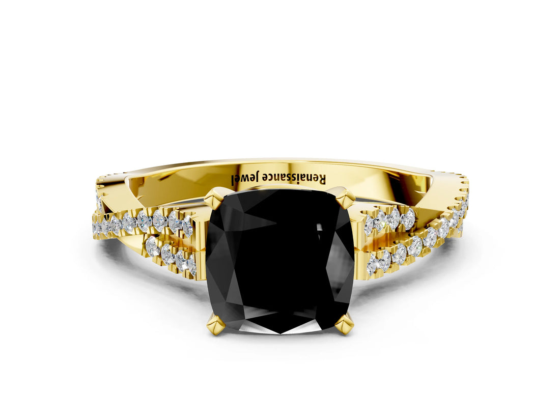 Yellow gold Fancy Black Cushion Cut Diamond Solitaire Engagement Ring with Twisted Pavé Band and Four-Prong Setting_36