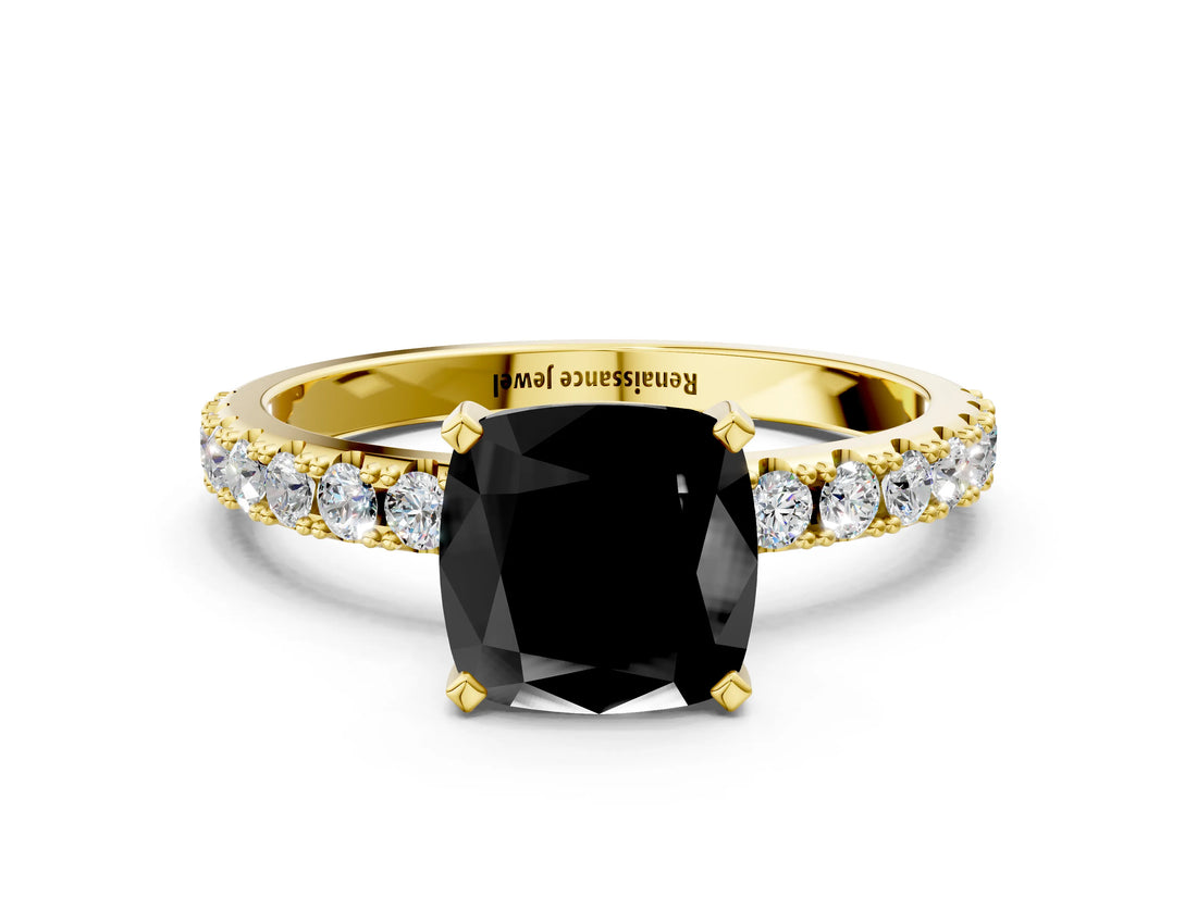 Yellow gold Fancy Black Cushion Cut Diamond Solitaire Pavé Band with Four-Prong Setting