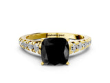 Yellow gold Fancy Black Cushion Cut Diamond Solitaire Ring with Cathedral Setting and Pavé Band