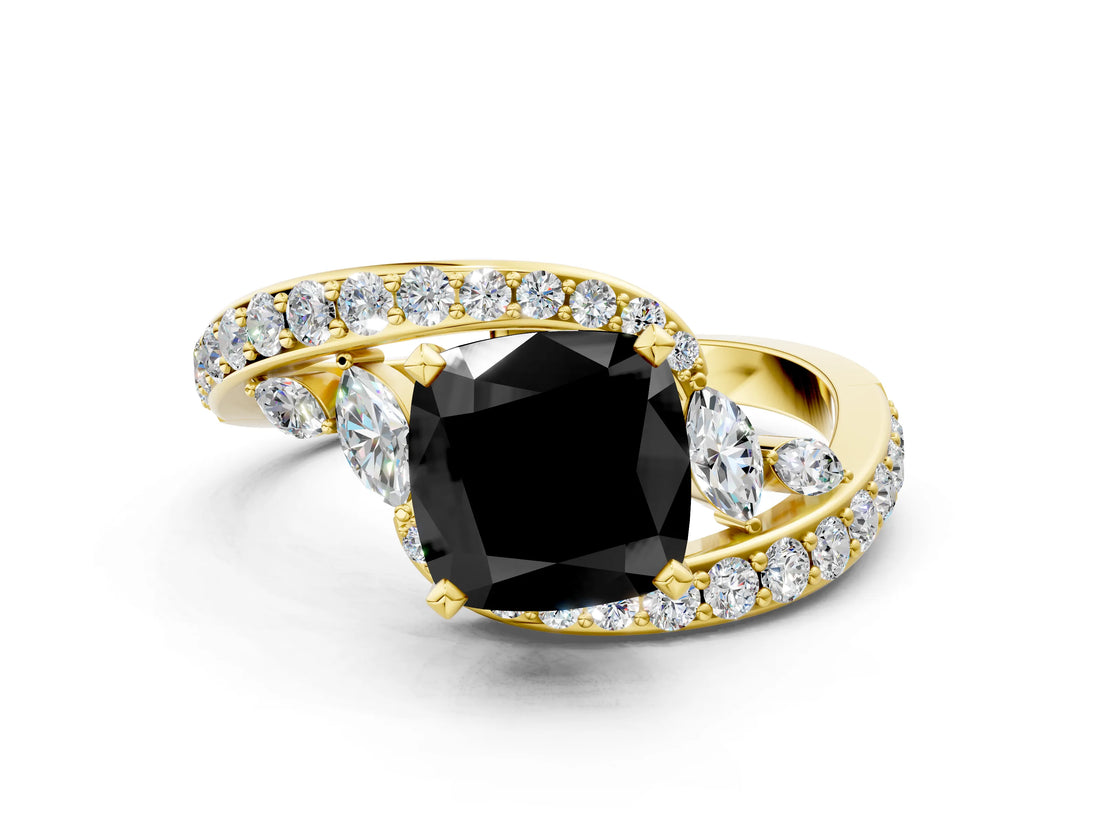 Yellow gold Fancy Black Cushion Cut Diamond Solitaire Ring with Filigree Band and Four-Prong Setting