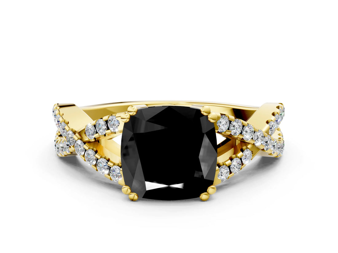 Yellow gold Fancy Black Cushion Cut Diamond Solitaire Ring with Four-Prong Setting and Twisted Pavé Band