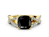 Yellow gold Fancy Black Cushion Cut Diamond Solitaire Ring with Four-Prong Setting and Twisted Pavé Band