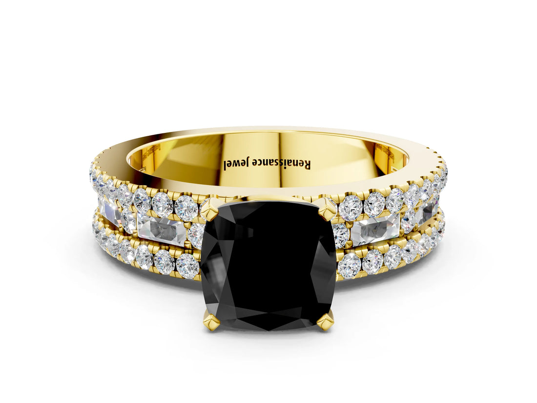 Yellow gold Fancy Black Cushion Cut Diamond Solitaire Ring with Pavé and Channel Set Band
