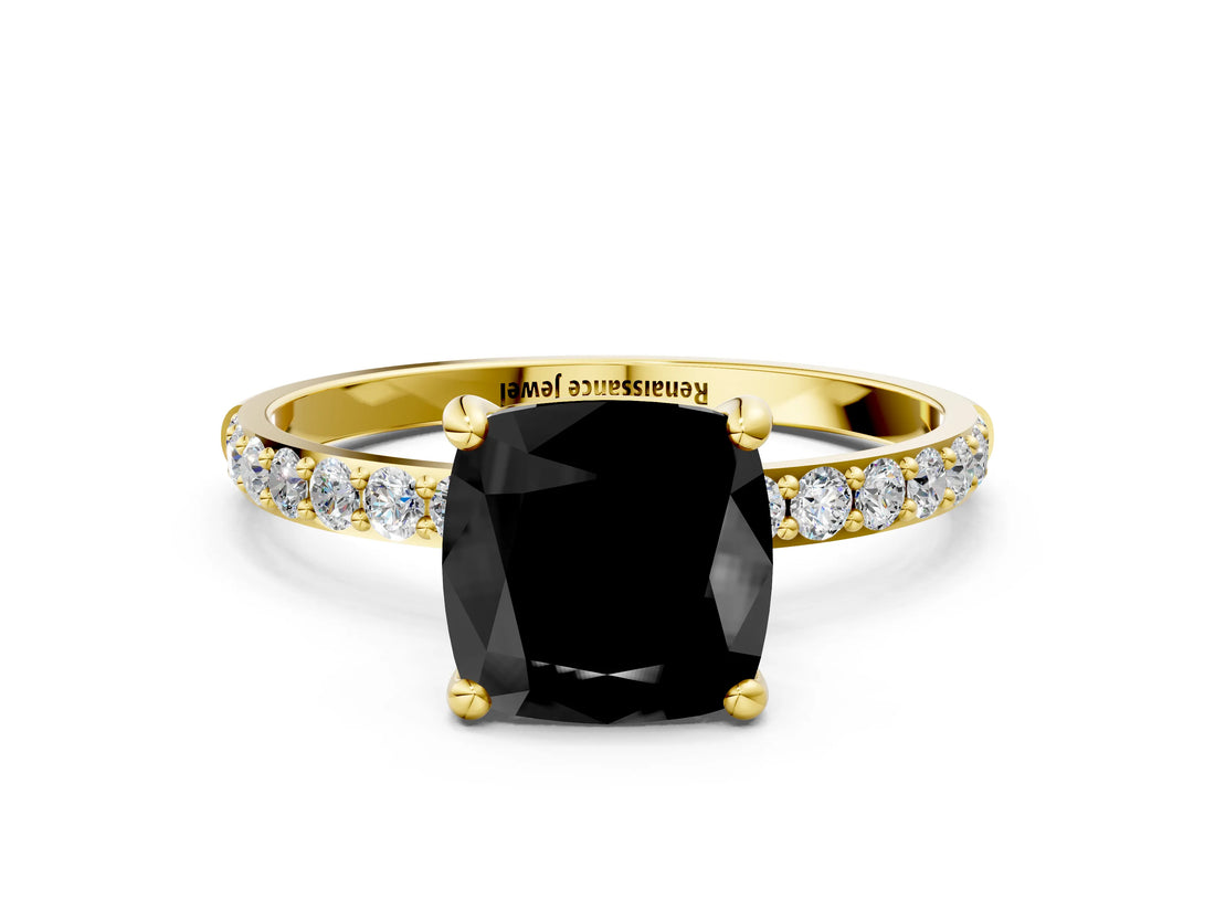 Yellow gold Fancy Black Cushion Cut Diamond Solitaire Ring with Pave Band and Four Prong Setting_12