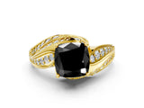 Yellow gold Fancy Black Cushion Cut Diamond Solitaire Ring with Prong Setting and Twisted Pavé Band