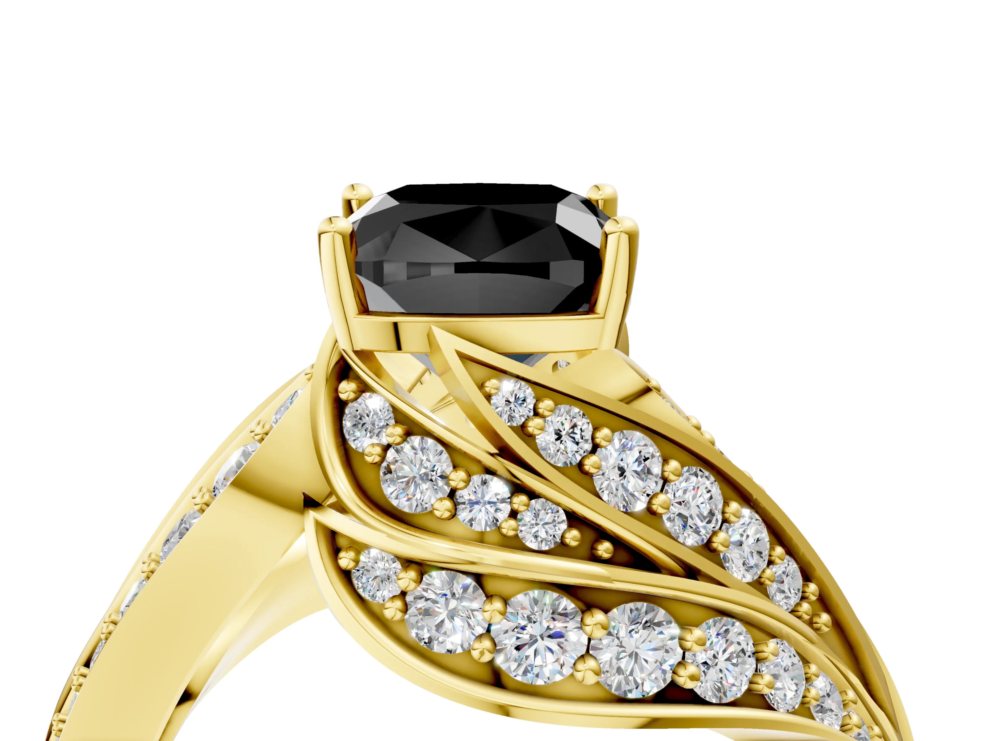 Yellow gold Fancy Black Cushion Cut Diamond Solitaire Ring with Prong Setting and Twisted Pavé Band_4