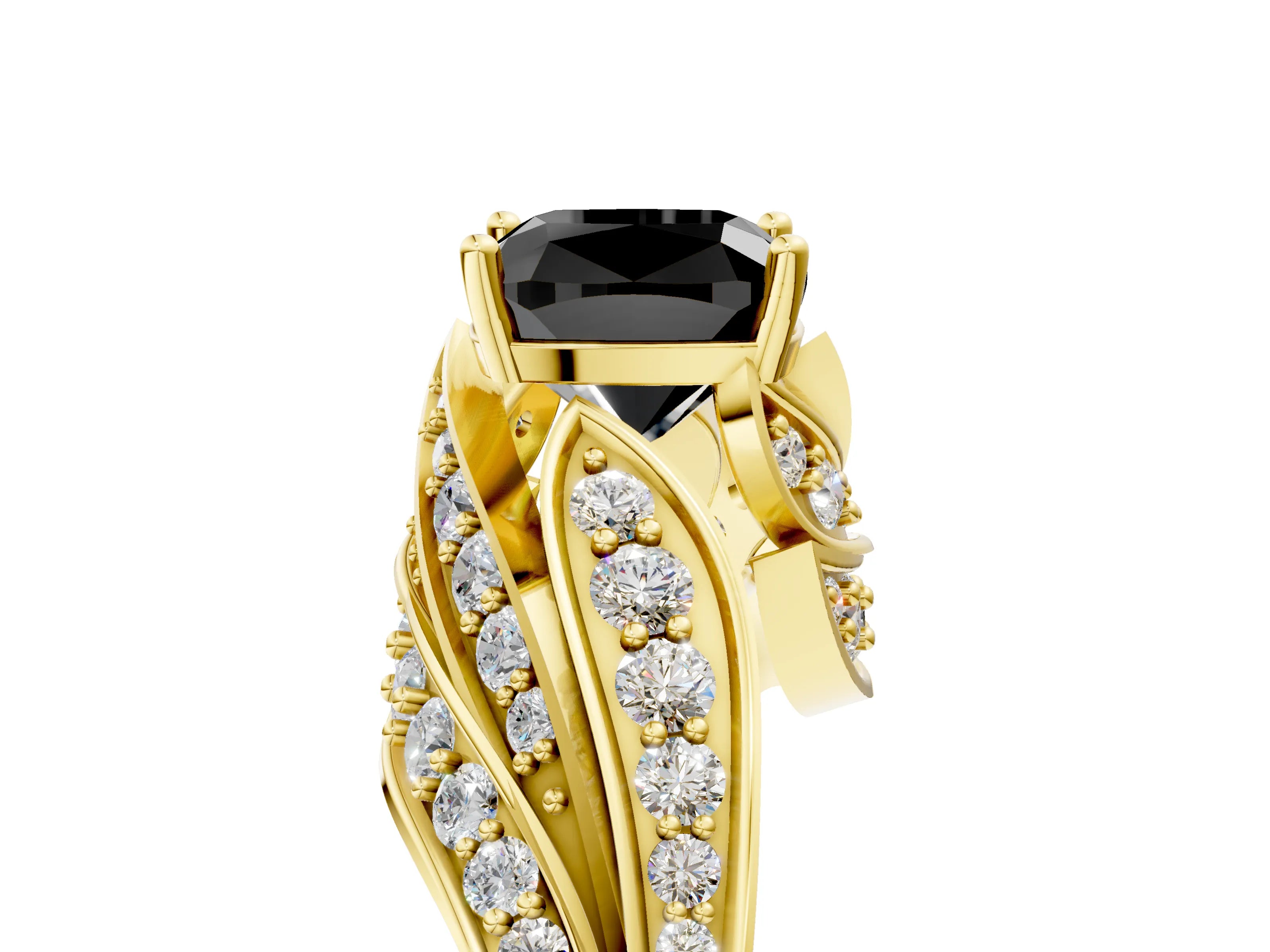 Yellow gold Fancy Black Cushion Cut Diamond Solitaire Ring with Prong Setting and Twisted Pavé Band_5