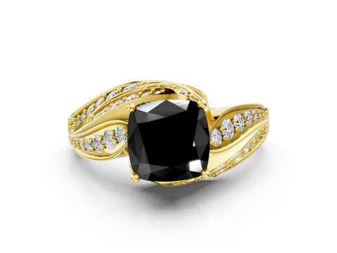 Yellow gold Fancy Black Cushion Cut Diamond Solitaire Ring with Prong Setting and Twisted Pavé Band