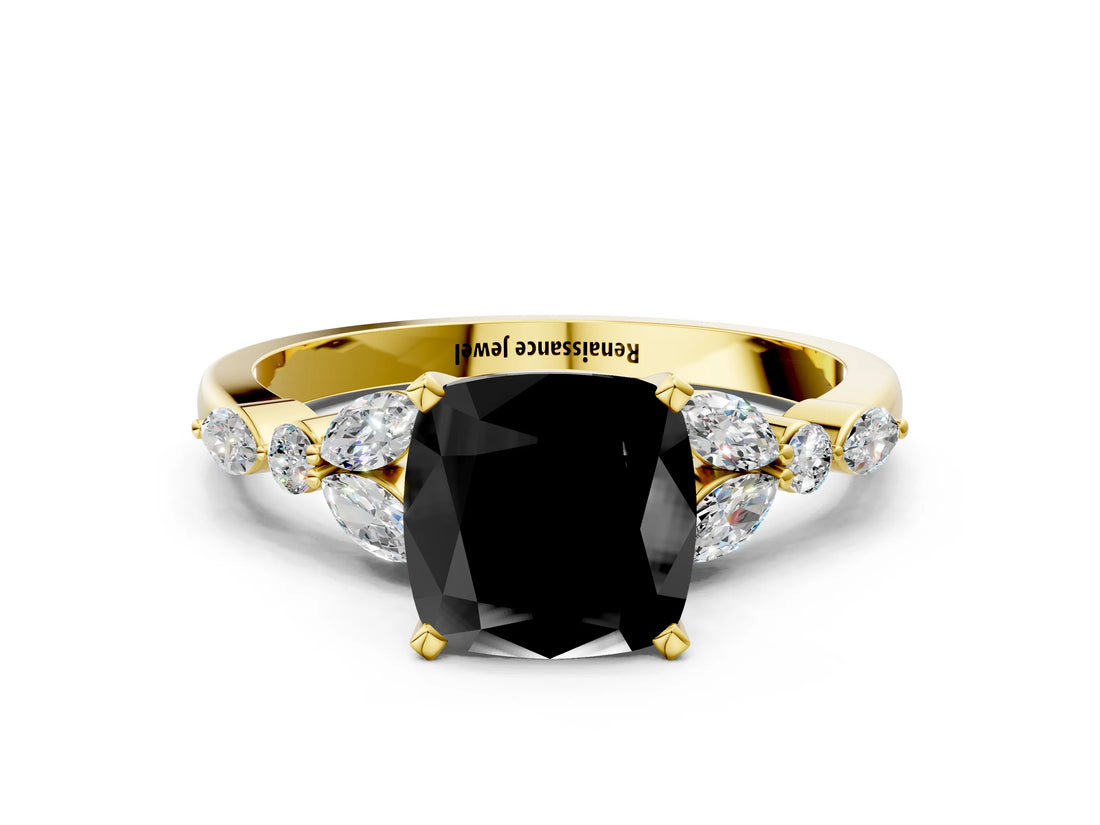 Yellow gold Fancy Black Cushion Cut Diamond Solitaire Ring with Side Stones and Four-Prong Setting_12