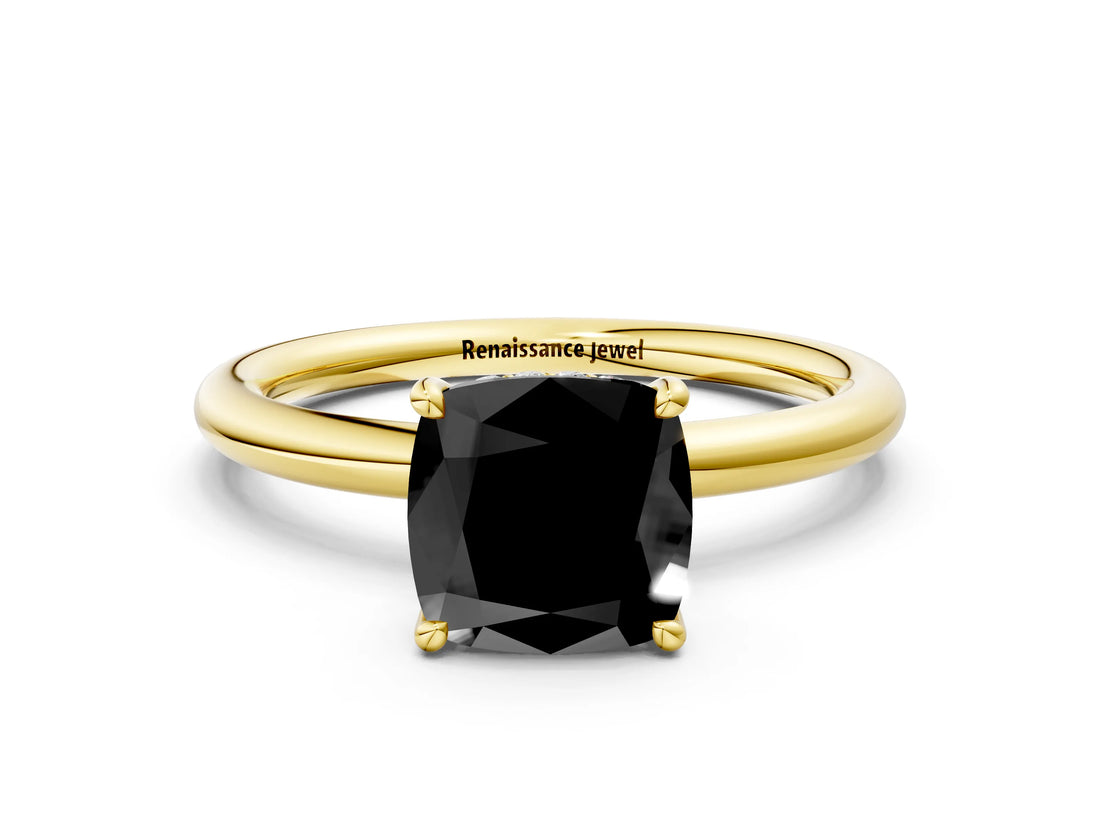 Yellow gold Fancy Black Cushion Cut Diamond Solitaire Ring with Thin Band and Four-Prong Setting