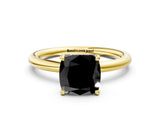 Yellow gold Fancy Black Cushion Cut Diamond Solitaire Ring with Thin Band and Four-Prong Setting