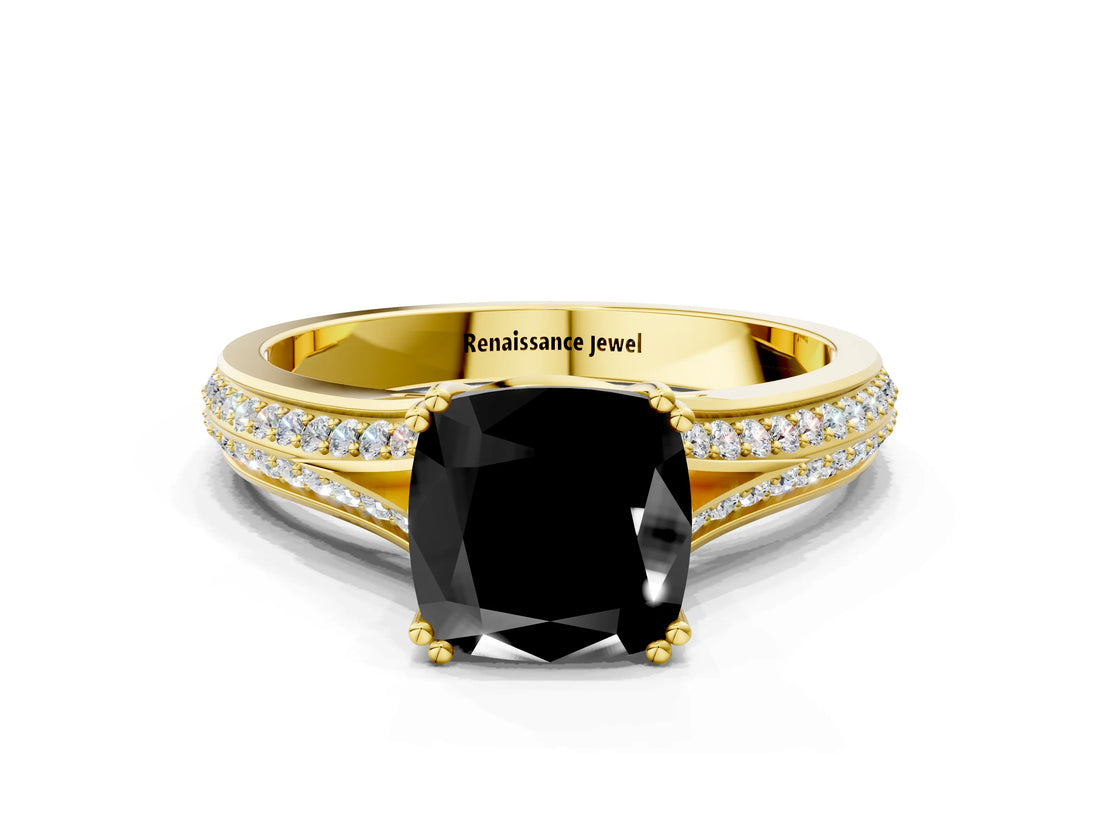 Yellow gold Fancy Black Cushion Cut Diamond Split Shank Engagement Ring with Pavé Band
