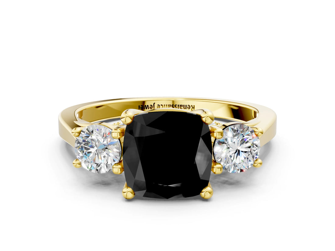 Yellow gold Fancy Black Cushion Cut Diamond Three-Stone Engagement Ring with Prong Setting and Pavé Band_12