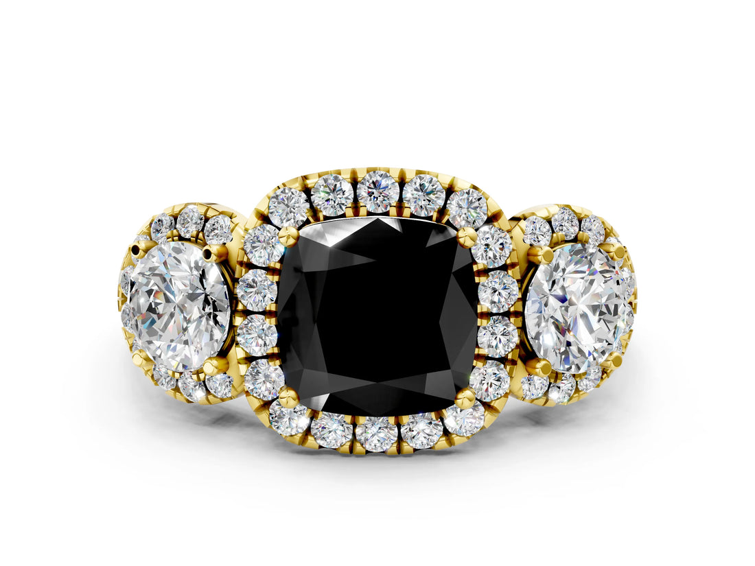 Yellow gold Fancy Black Cushion Cut Diamond Three-Stone Halo Ring with Prong Setting and Pavé Accents