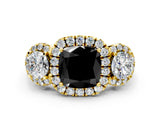 Yellow gold Fancy Black Cushion Cut Diamond Three-Stone Halo Ring with Prong Setting and Pavé Accents
