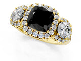 Yellow gold Fancy Black Cushion Cut Diamond Three-Stone Halo Ring with Prong Setting and Pavé Accents_1