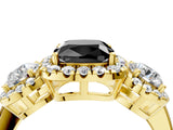Yellow gold Fancy Black Cushion Cut Diamond Three-Stone Halo Ring with Prong Setting and Pavé Accents_4