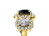 Yellow gold Fancy Black Cushion Cut Diamond Three-Stone Halo Ring with Prong Setting and Pavé Accents_5