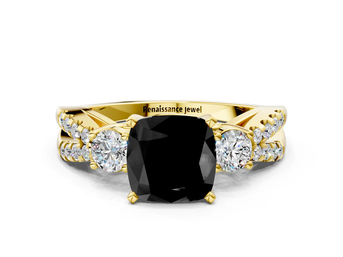 Yellow gold Fancy Black Cushion Cut Diamond Three-Stone Ring with Pavé Split Shank and Four-Prong Setting