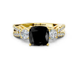 Yellow gold Fancy Black Cushion Cut Diamond Three-Stone Ring with Pavé Split Shank and Four-Prong Setting