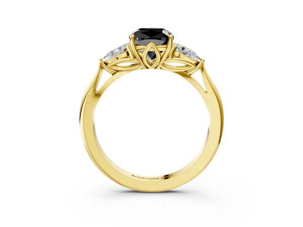Yellow Gold Cushion Cut Three Stone Pear Side Engagement Ring Setting for Black Center