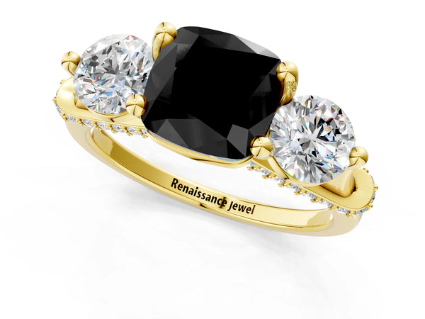Yellow Gold Cushion Cut Curved Pave Three Stone Engagement Ring Setting for Black Center
