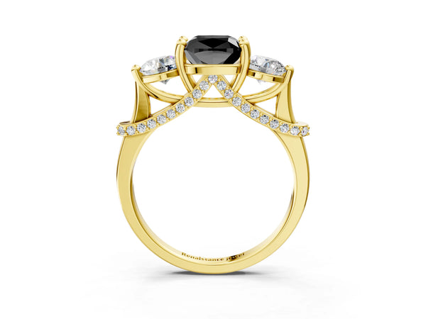 Yellow Gold Cushion Cut Curved Pave Three Stone Engagement Ring Setting for Black Center