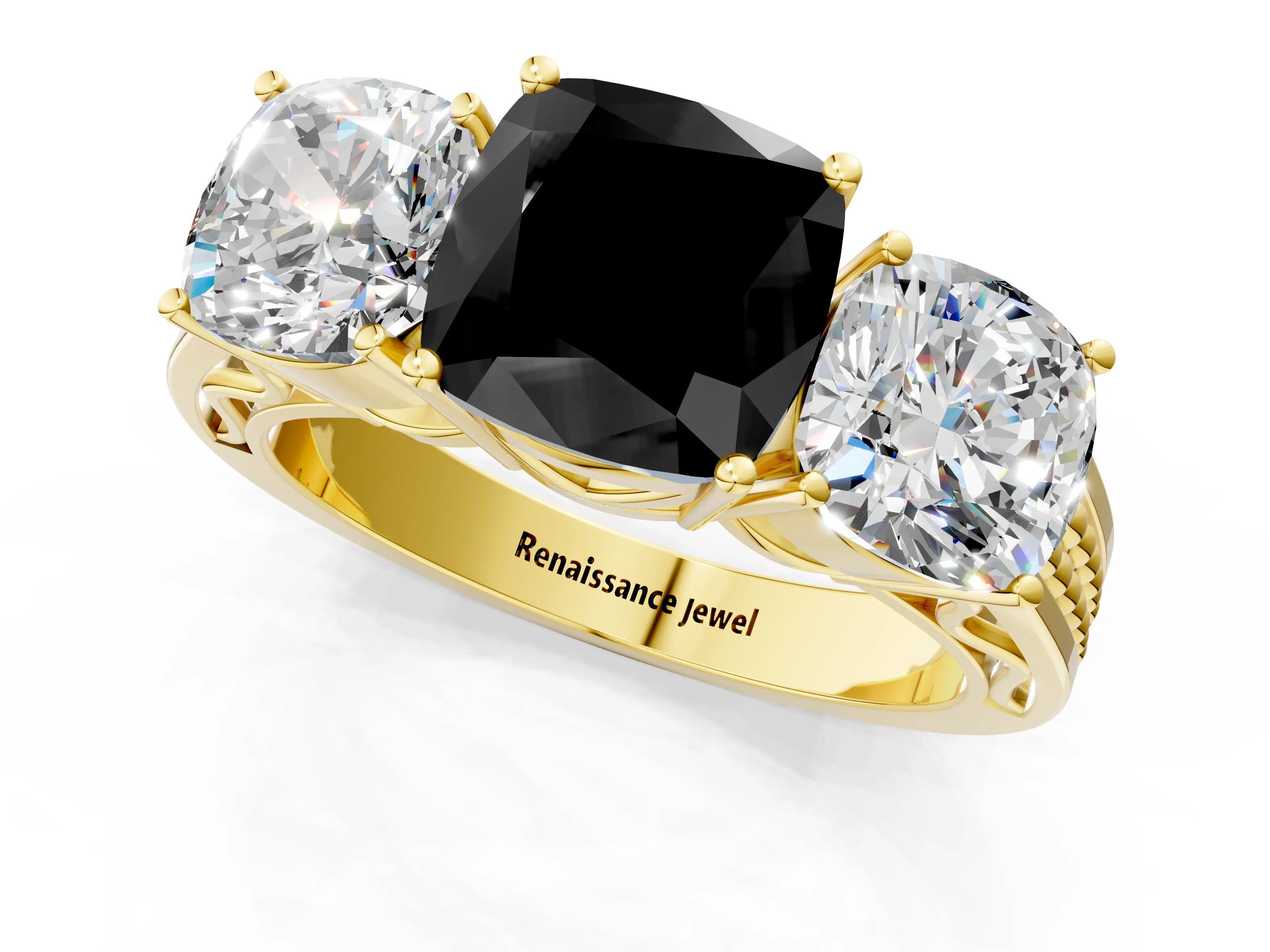 Yellow gold Fancy Black Cushion Cut Diamond Three-Stone Ring with Prong Setting and Textured Band_1