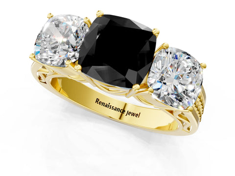Yellow gold Fancy Black Cushion Cut Diamond Three-Stone Ring with Prong Setting and Textured Band_1