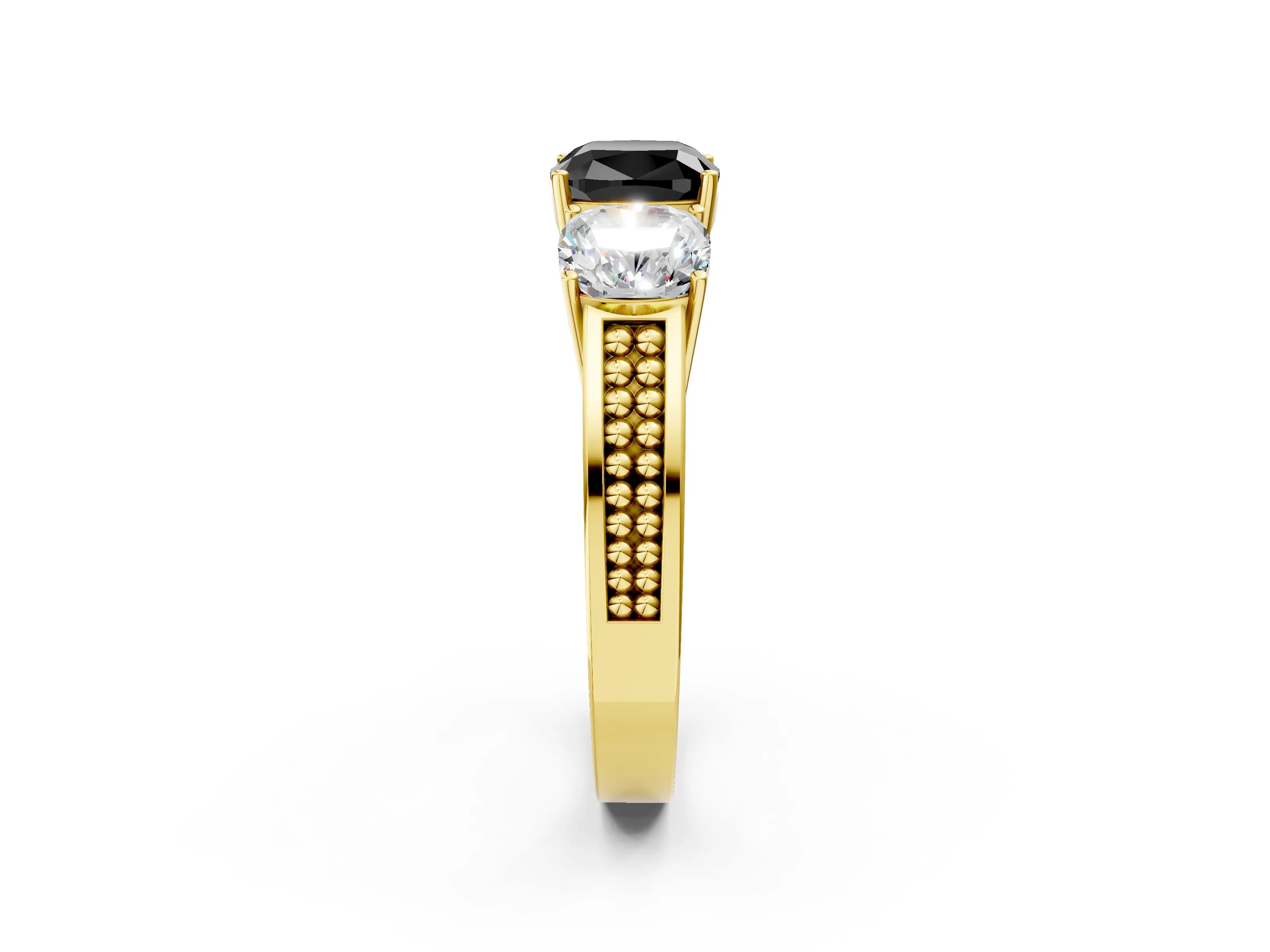 Yellow gold Fancy Black Cushion Cut Diamond Three-Stone Ring with Prong Setting and Textured Band_2