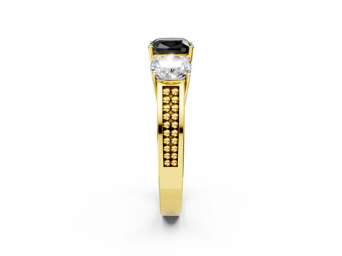 Yellow gold Fancy Black Cushion Cut Diamond Three-Stone Ring with Prong Setting and Textured Band_2
