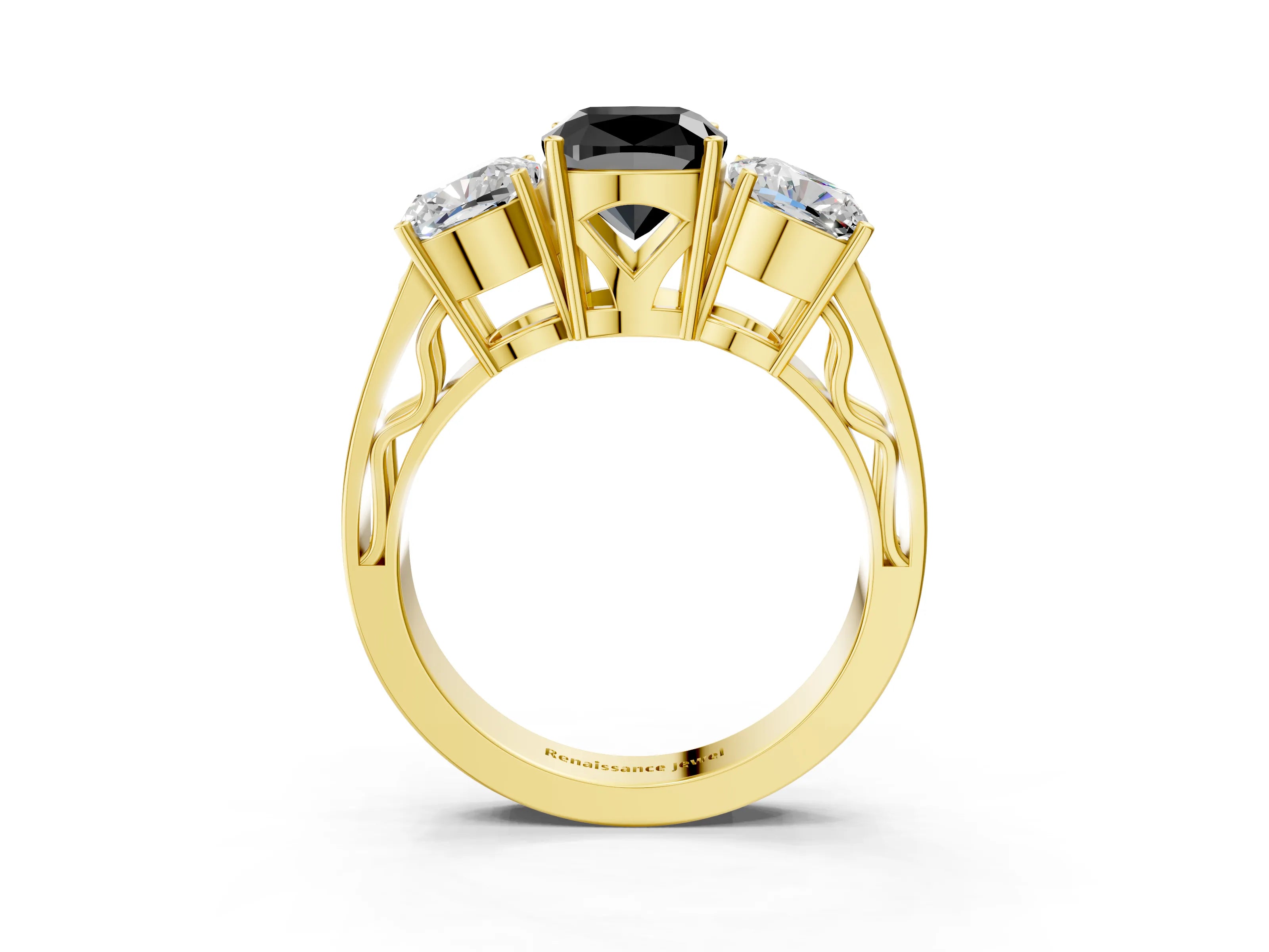 Yellow gold Fancy Black Cushion Cut Diamond Three-Stone Ring with Prong Setting and Textured Band_3