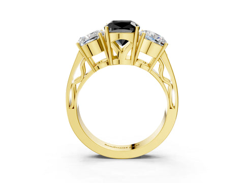 Yellow gold Fancy Black Cushion Cut Diamond Three-Stone Ring with Prong Setting and Textured Band_3