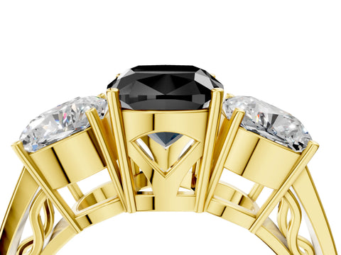Yellow gold Fancy Black Cushion Cut Diamond Three-Stone Ring with Prong Setting and Textured Band_4
