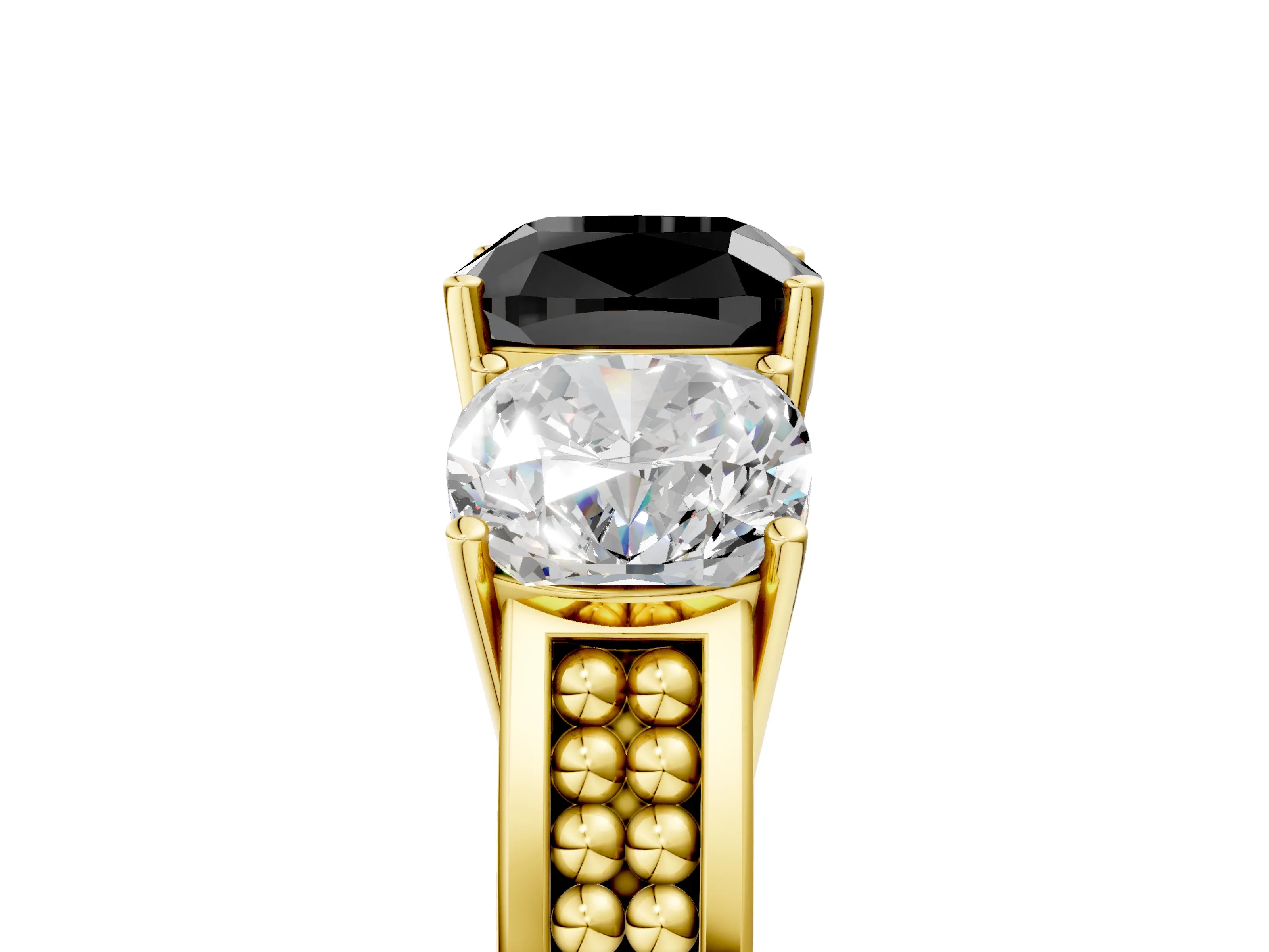 Yellow gold Fancy Black Cushion Cut Diamond Three-Stone Ring with Prong Setting and Textured Band_5