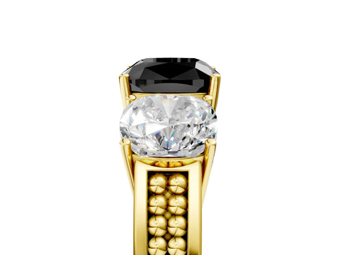 Yellow gold Fancy Black Cushion Cut Diamond Three-Stone Ring with Prong Setting and Textured Band_5