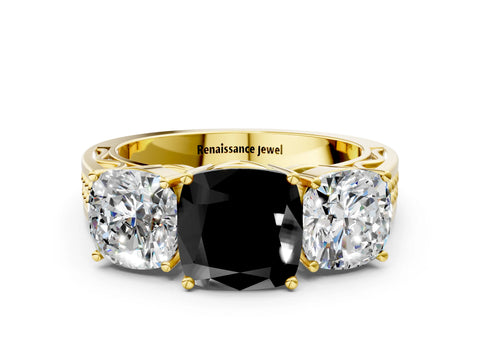 Yellow gold Fancy Black Cushion Cut Diamond Three-Stone Ring with Prong Setting and Textured Band